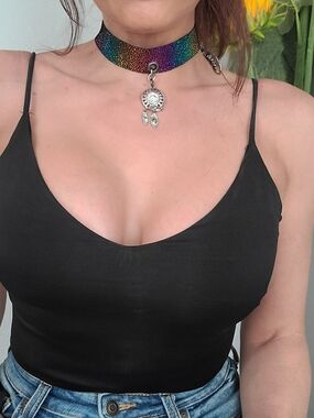 Rainbow Iridescent Leather Swarovski Crystal Dream Catcher Pendant